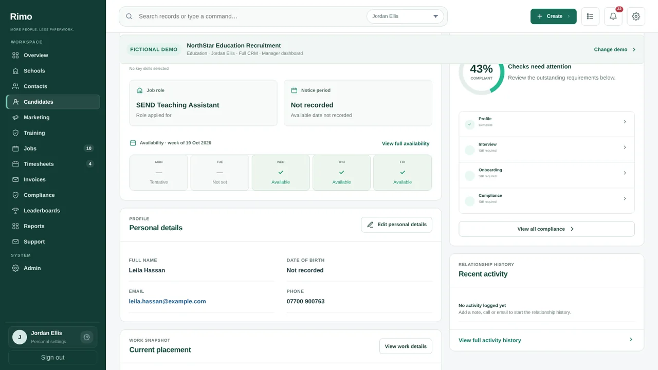 A Candidate’s week of availability in the Rimo CRM, with fictional demonstration data