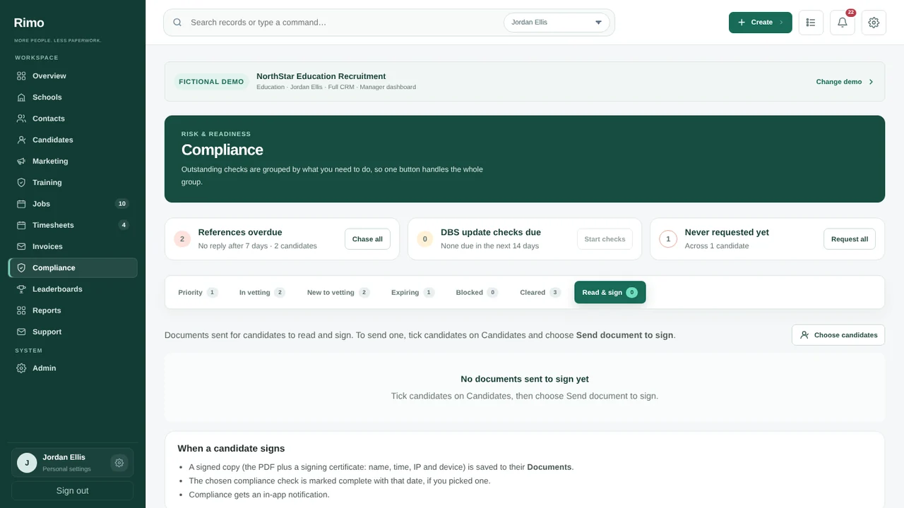 Read & sign requests in the Rimo CRM, with fictional demonstration data