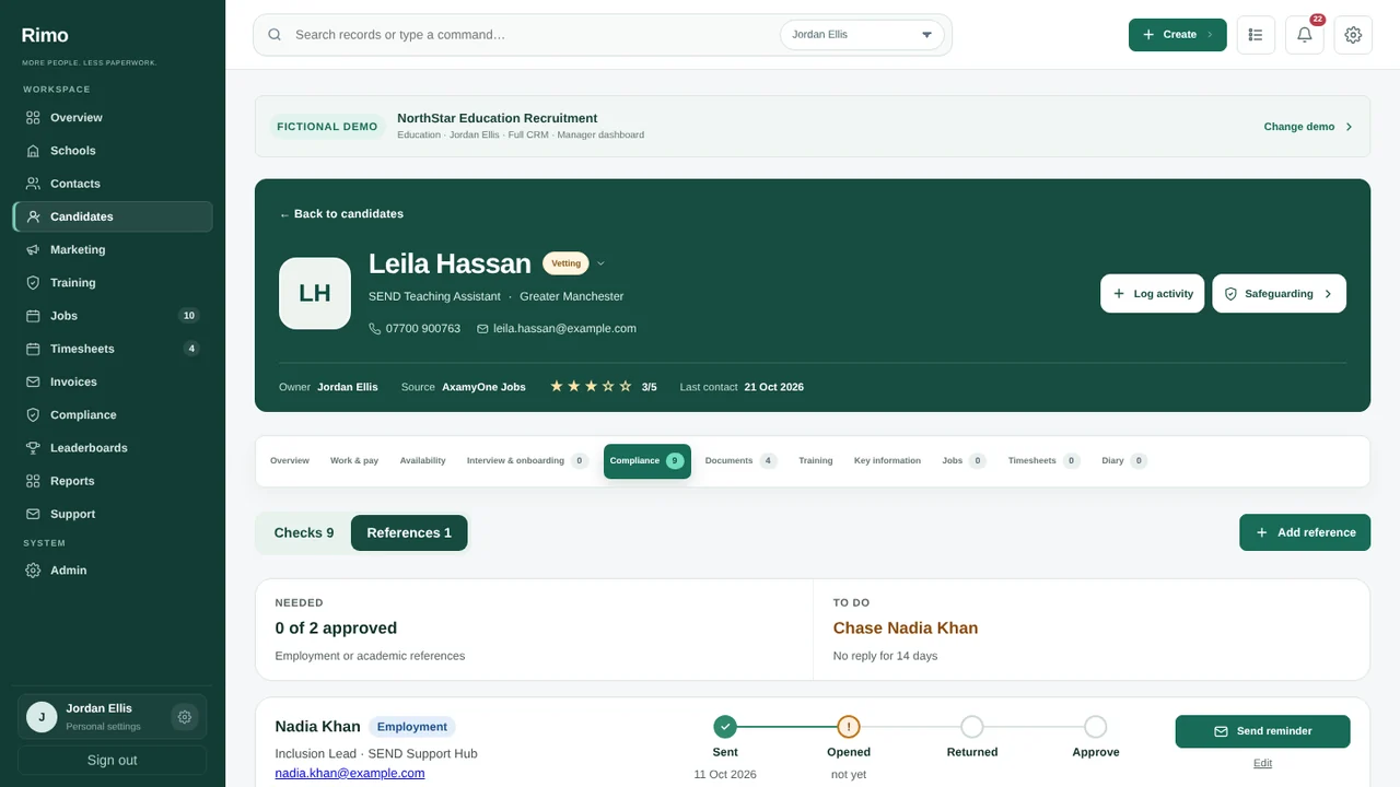 References and referee replies in the Rimo CRM, with fictional demonstration data