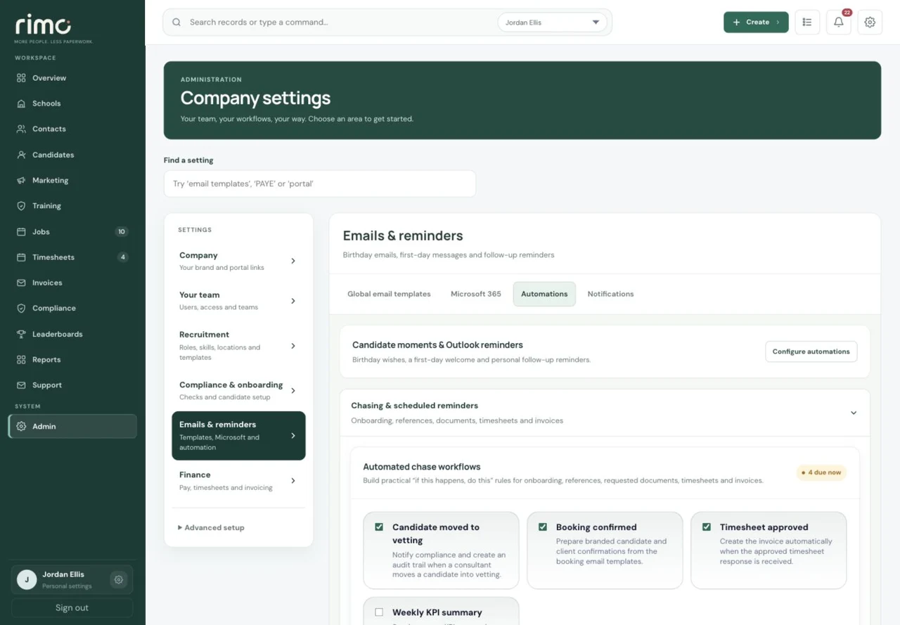 Company Automation in the Rimo CRM, with fictional demonstration data