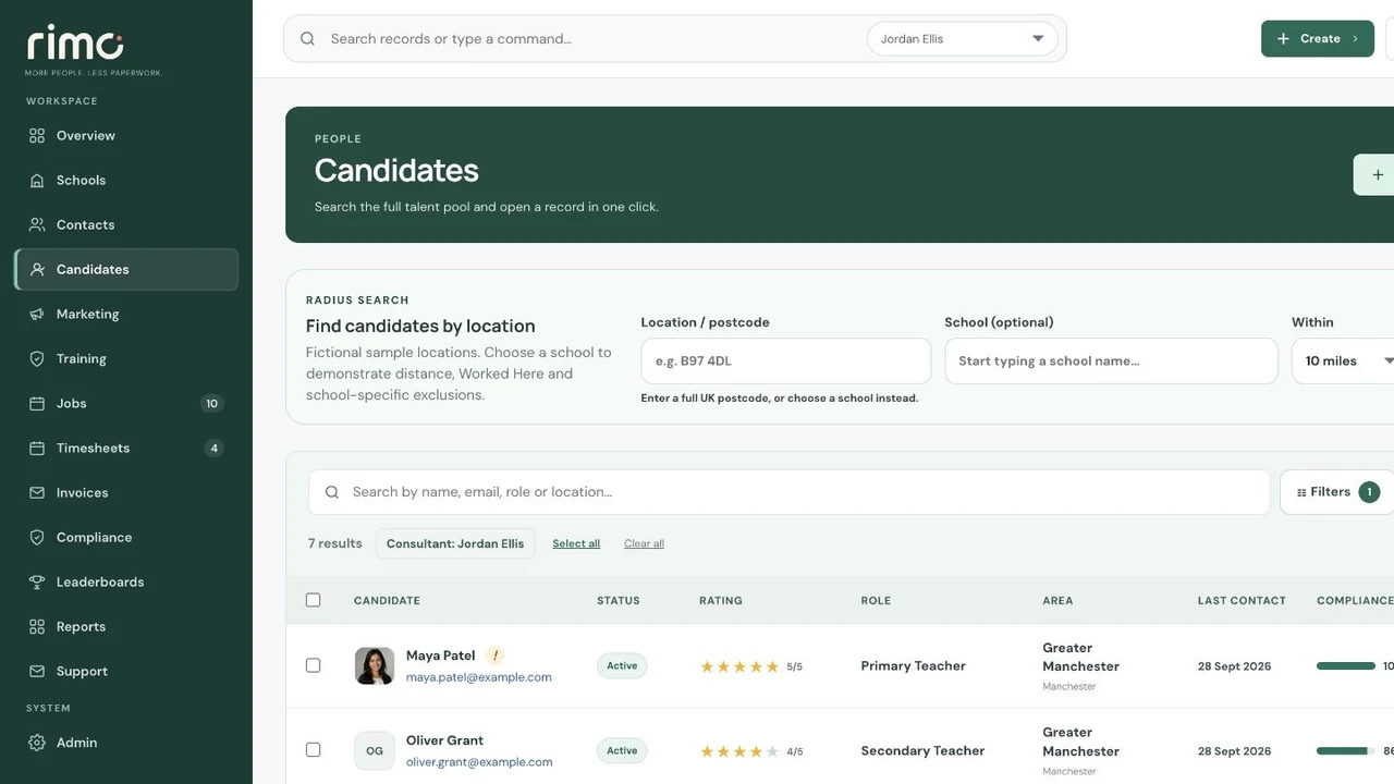 Candidate search, with School context in the Rimo CRM, with fictional demonstration data