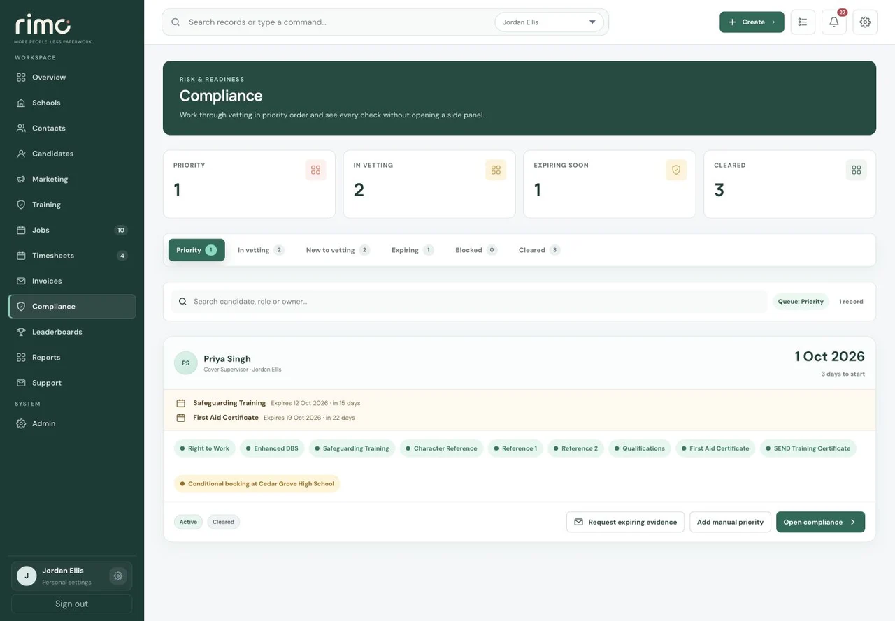 Compliance Priority in the Rimo CRM, with fictional demonstration data