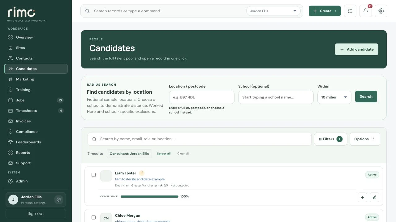 Construction Candidate directory in the Rimo CRM, with fictional demonstration data