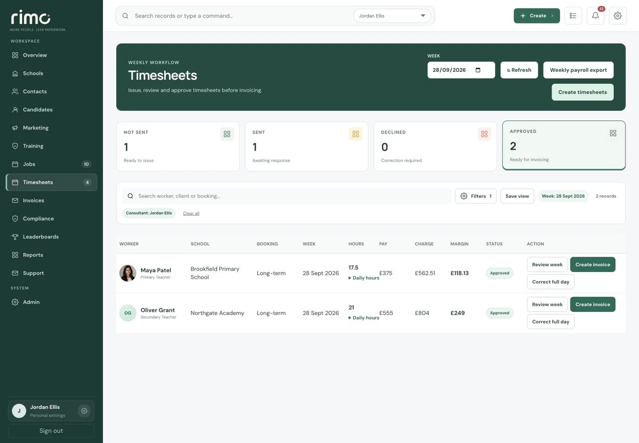 Approved work and finance in the Rimo CRM, with fictional demonstration data