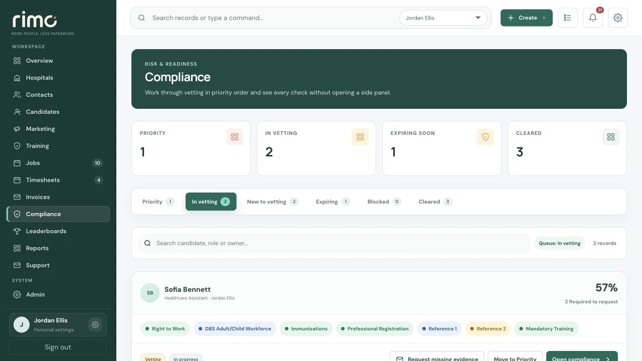 Healthcare Candidate directory in the Rimo CRM, with fictional demonstration data