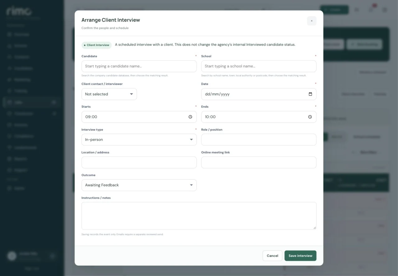 Client Interview in the Rimo CRM, with fictional demonstration data