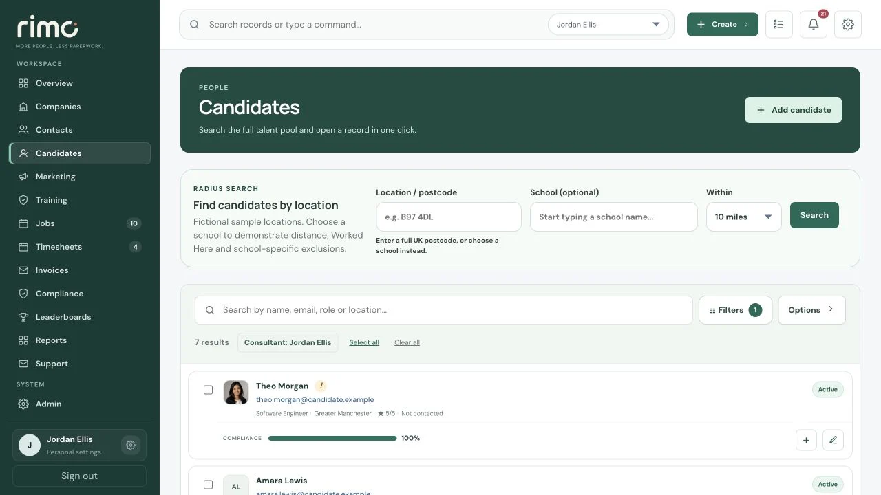 Technology Candidate directory in the Rimo CRM, with fictional demonstration data