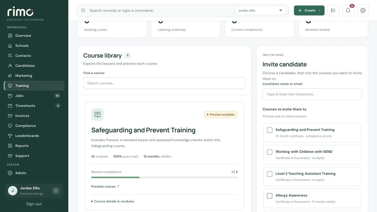 Training Hub · six courses in the Rimo CRM, with fictional demonstration data