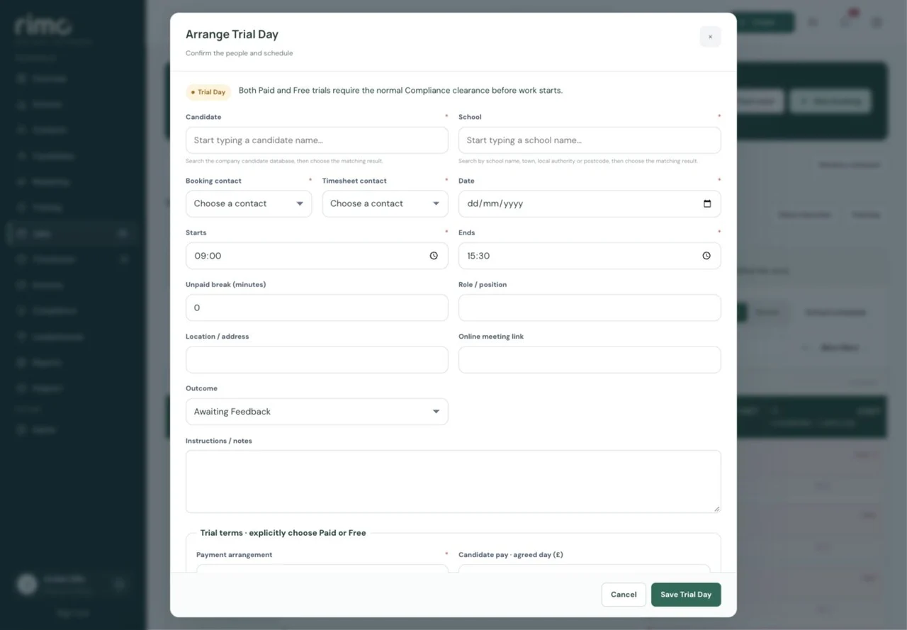 Trial Day in the Rimo CRM, with fictional demonstration data
